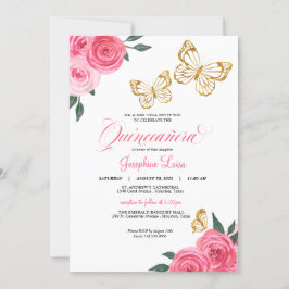 ピンクローズゴールデンバタフライキンセニェラ誕生日 招待状