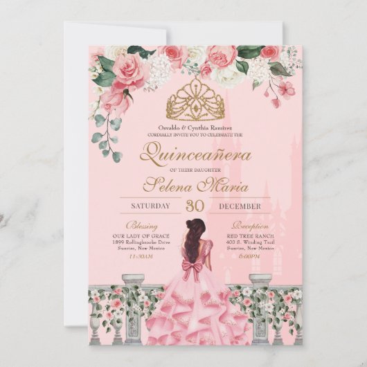 ピンクローズゴールデンプリンセスフェアリータールキンセアニラ 招待状 (正面)