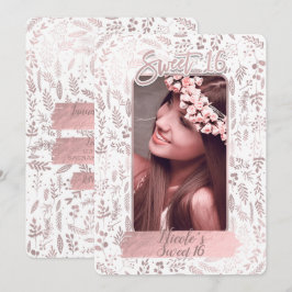 ピンクローズゴールドフォイルモダンスウィート16誕生日写真 招待状