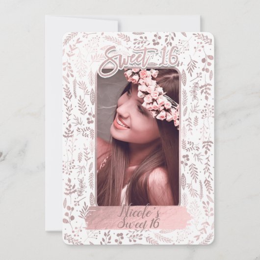 ピンクローズゴールドフォイルモダンスウィート16誕生日写真 招待状 (正面)