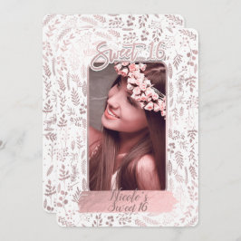 ピンクローズゴールドフォイルモダンスウィート16誕生日写真 招待状