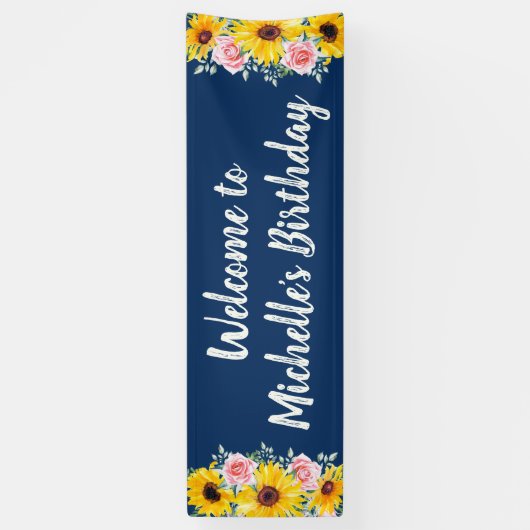 ピンクローズサンフラワーズネイビーブルー誕生日へようこそ 横断幕 (縦)