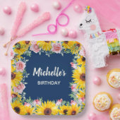 ピンクローズサンフラワーズネイビーブルー誕生日 ペーパープレート (パーティー)