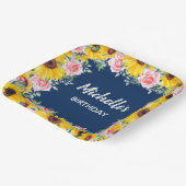 ピンクローズサンフラワーズネイビーブルー誕生日 ペーパープレート (傾斜あり)