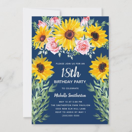 ピンクローズサンフラワーズネイビーブルー18誕生日 招待状 (正面)