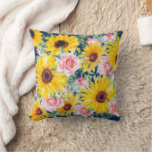 ピンクローズサンフラワーズネイビーブルー クッション (ブランケット)