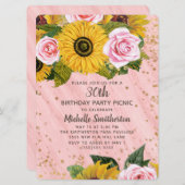 ピンクローズサンフラワーズ金ゴールドグリッター30th誕生日 招待状 (正面/裏面)