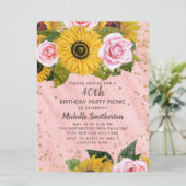 ピンクローズサンフラワーズ金ゴールドグリッター40th誕生日 招待状 (スタンド正面)