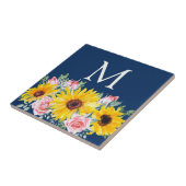 ピンクローズサンフラワーネイビーブルーモノグラムの タイル (側面)