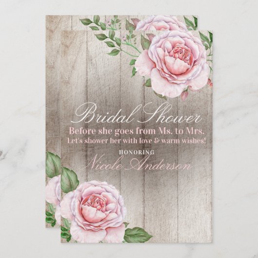 ピンクローズシャビーシックホワイト素朴ブライダルシャワー 招待状 (正面/裏面)