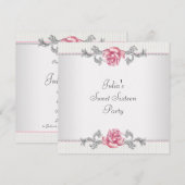 ピンクローズシルバーピンクSweet sixteenパーティー 招待状 (正面/裏面)
