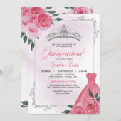 ピンクローズシルバー&ホワイトフローラティアラキンセアニラ 招待状 (正面/裏面)