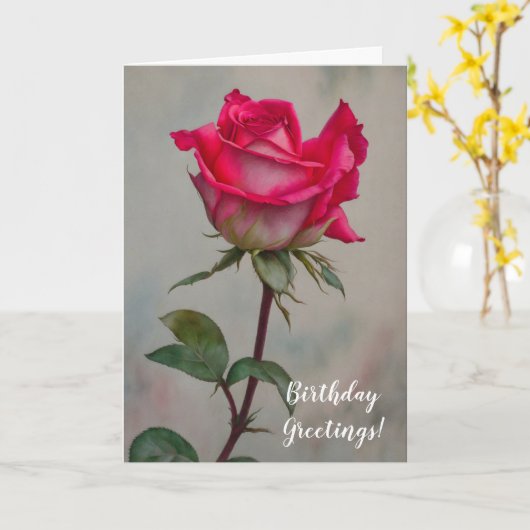 ピンクローズステムフラワーアート誕生日カード カード (黄色い花)
