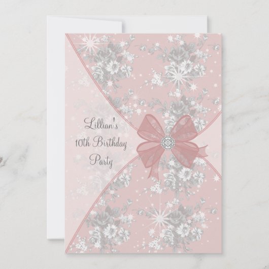 ピンクローズスパークルガールズバースデーパーティー招待状 招待状 (正面)