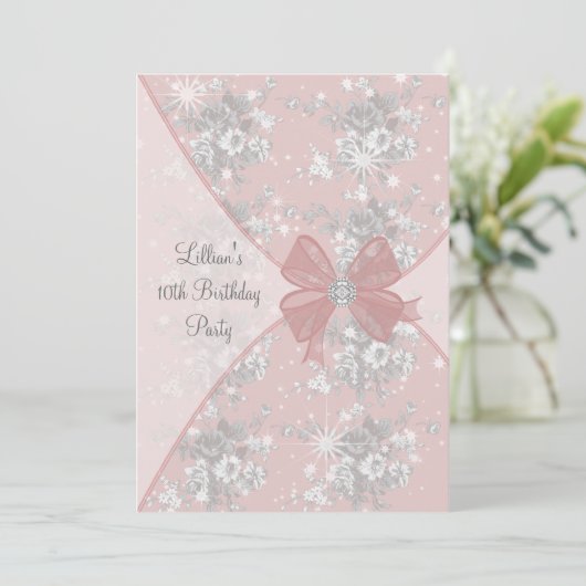 ピンクローズスパークルガールズバースデーパーティー招待状 招待状 (スタンド正面)