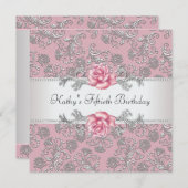 ピンクローズダマスクウーマンズバースデーパーティー 招待状 (正面/裏面)