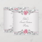 ピンクローズダマスクピかわいらしンクSweet sixteenパーティー 招待状 (正面/裏面)