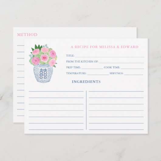 ピンクローズチノワセリーブライダルシャワーレシピカード 招待状 (正面/裏面)