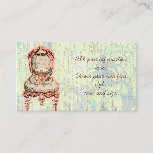 ピンクローズティーカップとビクトリアン椅子 名刺 (正面)