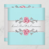 ピンクローズティール（緑がかった色）ガールズティール（緑がかった色）ファーストコミュニオン 招待状 (正面/裏面)