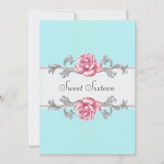 ピンクローズティール（緑がかった色）ブルーSweet sixteenバースデーパーティー 招待状 (正面)