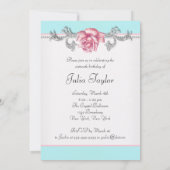 ピンクローズティール（緑がかった色）ブルーSweet sixteenバースデーパーティー 招待状 (裏面)