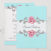 ピンクローズティール（緑がかった色）ブルーSweet sixteenバースデーパーティー 招待状 (正面/裏面)
