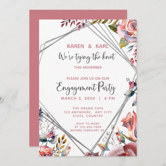 ピンクローズテラリウム婚約パーティ招待状 招待状 (正面/裏面)