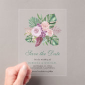 ピンクローズトロピカルモンステラ結婚式の日付を保存 アクリル招待状 (インサイチュ (ポータブル))