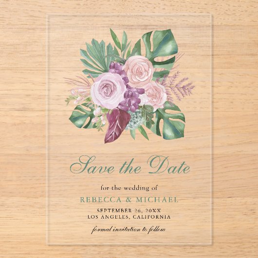 ピンクローズトロピカルモンステラ結婚式の日付を保存 アクリル招待状 (正面)