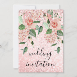 ピンクローズドリップスグリッターフローラミントグリーン結婚ズ 招待状