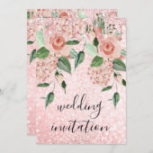 ピンクローズドリップスグリッターフローラミントグリーン結婚ズ 招待状 (正面/裏面)