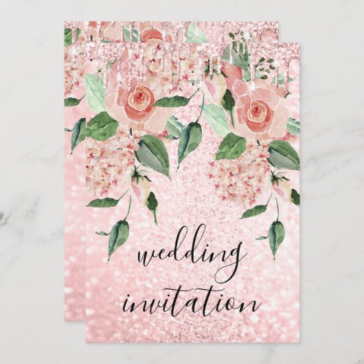 ピンクローズドリップスグリッターフローラミントグリーン結婚ズ 招待状 (正面/裏面)