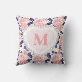 ピンクローズネイビーブルーフローラパールハートモノグラム クッション (裏面)