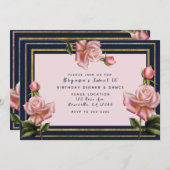 ピンクローズネイビーブルー&金ゴールドモダンスウィート16パーティー 招待状 (正面/裏面)