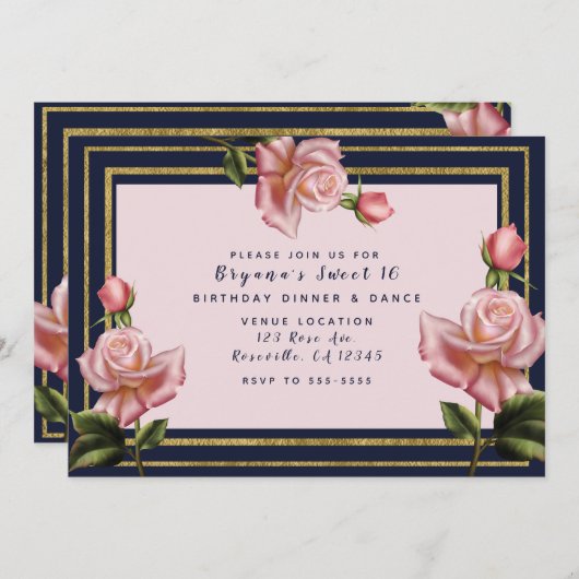 ピンクローズネイビーブルー&金ゴールドモダンスウィート16パーティー 招待状 (正面/裏面)