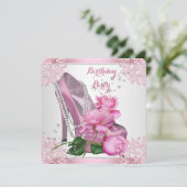 ピンクローズハイヒールレース真珠の誕生日パーティー 招待状 (スタンド正面)