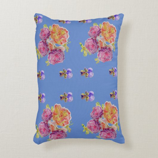 ピンクローズバイオレットブルーシャビーフローラデコールクッション アクセントクッション (正面(垂直))