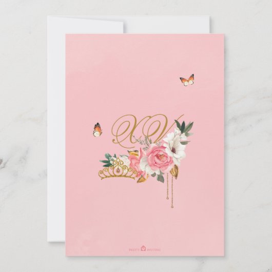 ピンクローズバタフライキンセアニェラ金ゴールドティアラ 招待状 (裏面)