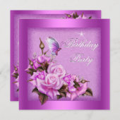 ピンクローズバタフライバースデーパーティー 招待状 (正面/裏面)