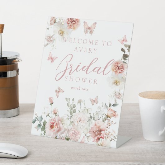 ピンクローズバターフライフローラブライダルシャワー歓迎 台座サイン (インサイチュ)