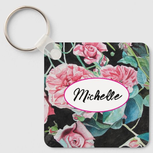ピンクローズバラ水彩ヴィンテージみすぼらしいキーリング キーホルダー (正面)