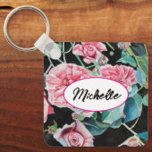 ピンクローズバラ水彩ヴィンテージみすぼらしいキーリング キーホルダー (正面)