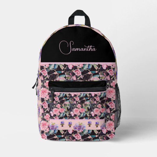 ピンクローズバラ水彩ヴィンテージカスタマイズ可能 プリントバックパック (正面)