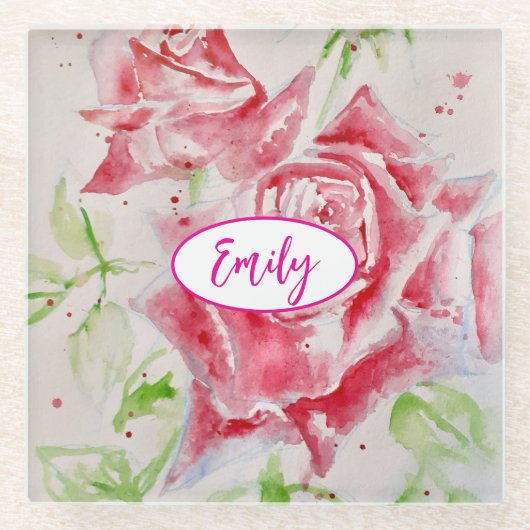 ピンクローズバラ水彩花フローラアート ガラスコースター (正面)
