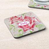 ピンクローズバラ水彩花フローラアート コースター (左側)