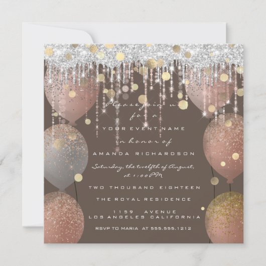 ピンクローズバルーンスウィート16ブライダルブロンズグレー 招待状 (正面)