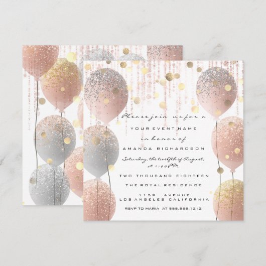 ピンクローズバルーンスウィート16ブライダルホワイトブライダル 招待状 (正面/裏面)