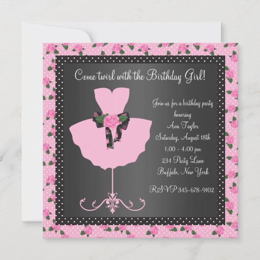 ピンクローズバレリーナガールズバレリーナバースデーパーティー 招待状 (正面)