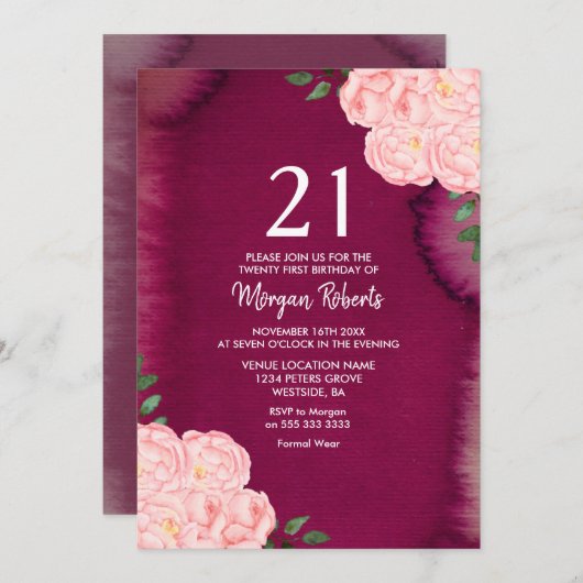 ピンクローズバーガンディーパープル21歳の招待状 招待状 (正面/裏面)